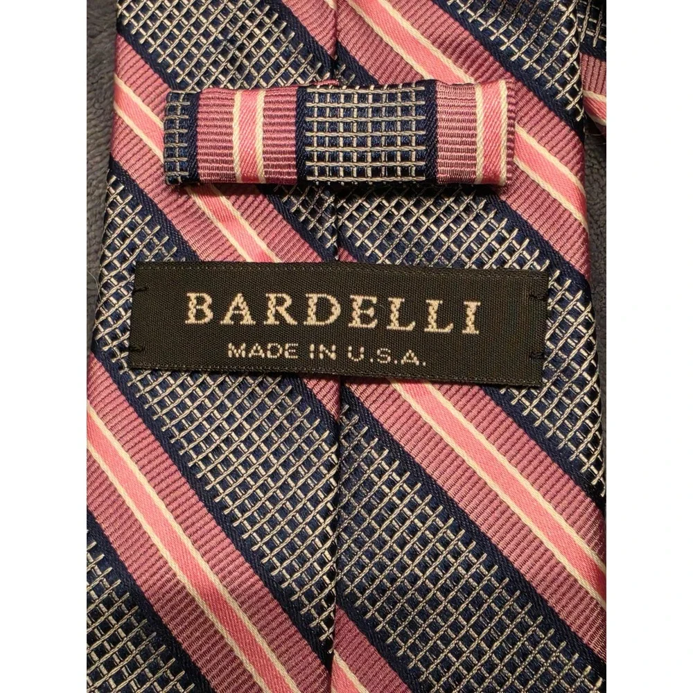 Bardelli Mens Silk Tie Pink Navy Blue White Diagonal Stripe Made in USA Italy
